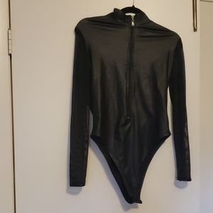 Faux leather bodysuit /leotard with mesh sleeves